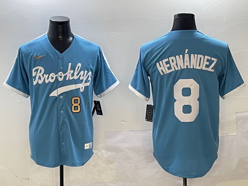 Men Los Angeles Dodgers #8 Hernandez Light Blue Throwback Game 2025 Nike MLB Jersey style 3068